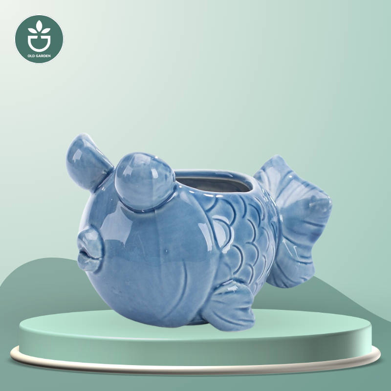 European Style Cute Flowerpot Pocelain Blue Fish Flower