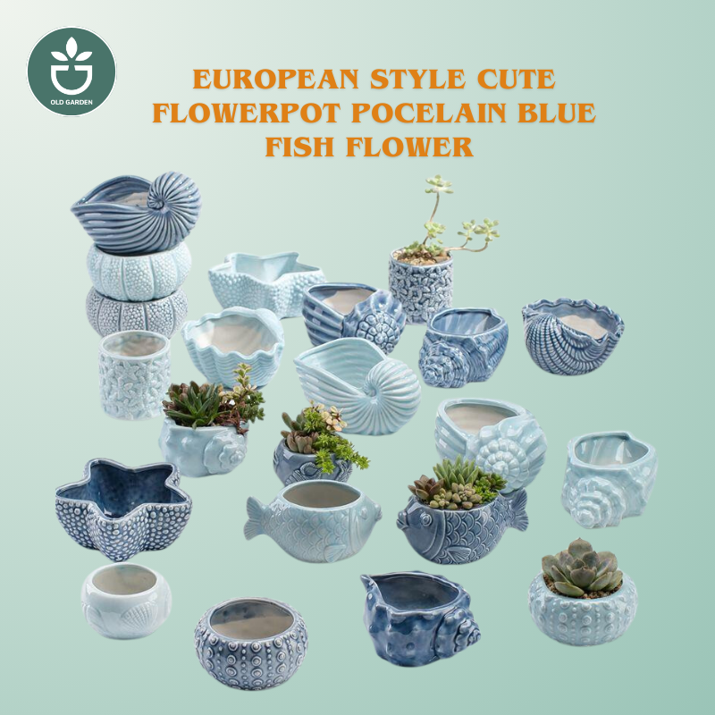 European Style Cute Flowerpot Pocelain Blue Fish Flower