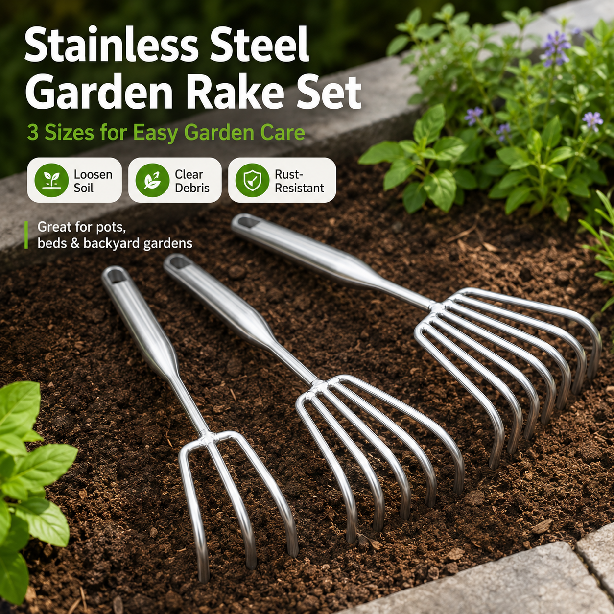 OldGarden Stainless Steel Hand Rake Set